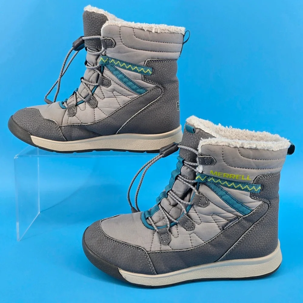 Merrell Snow Crush 3 Winter Boots Girls Sz 2 Waterproof Gray Teal Insulated Warm